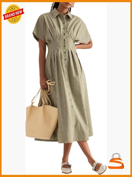 Dresses & Skirts - Striped Button Front Pleated Maxi Shirt Dress Short Sleeve V Neck Corset